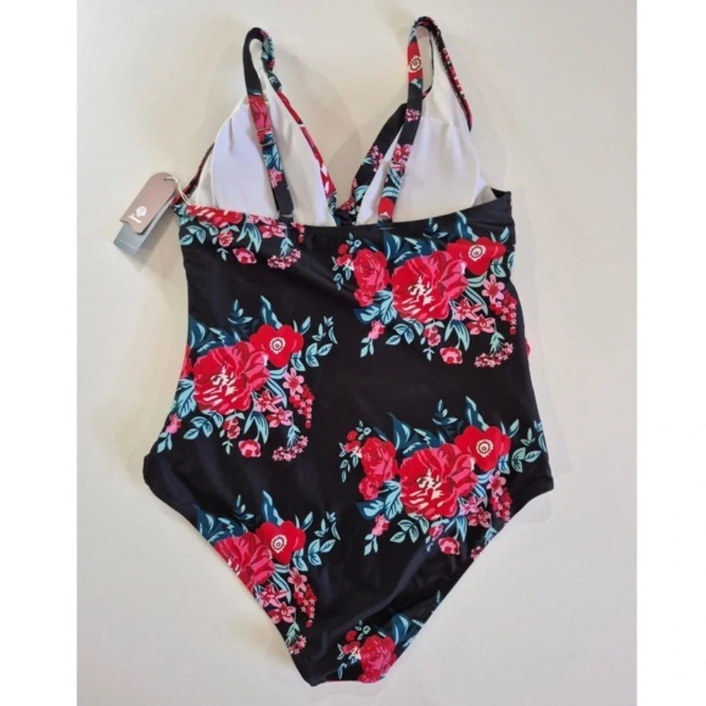 Smismivo Womens One Piece Swimsuit Floral Black Red Ruched Tummy Control XL NWT‎